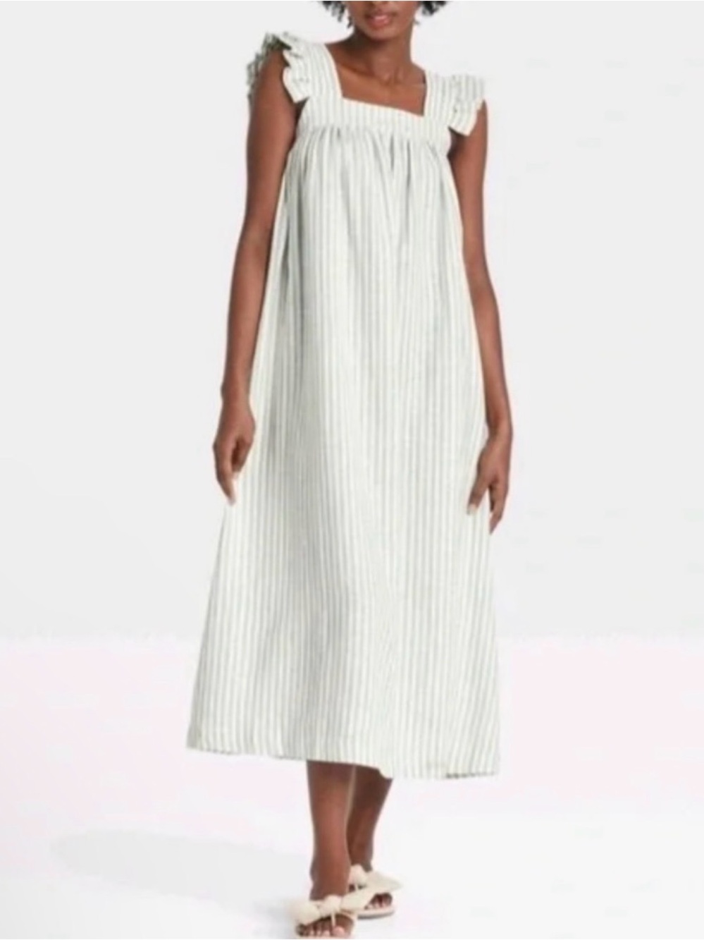 A New Day Striped Linen Blend MIDI Dress Flutter Sleeve Size XS Green